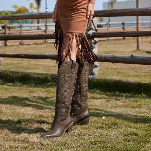 Women Knee Dark Brown Faux Leather Pull On Tab Chunky Heel Pointed Toe Boots - Picture 5 of 6